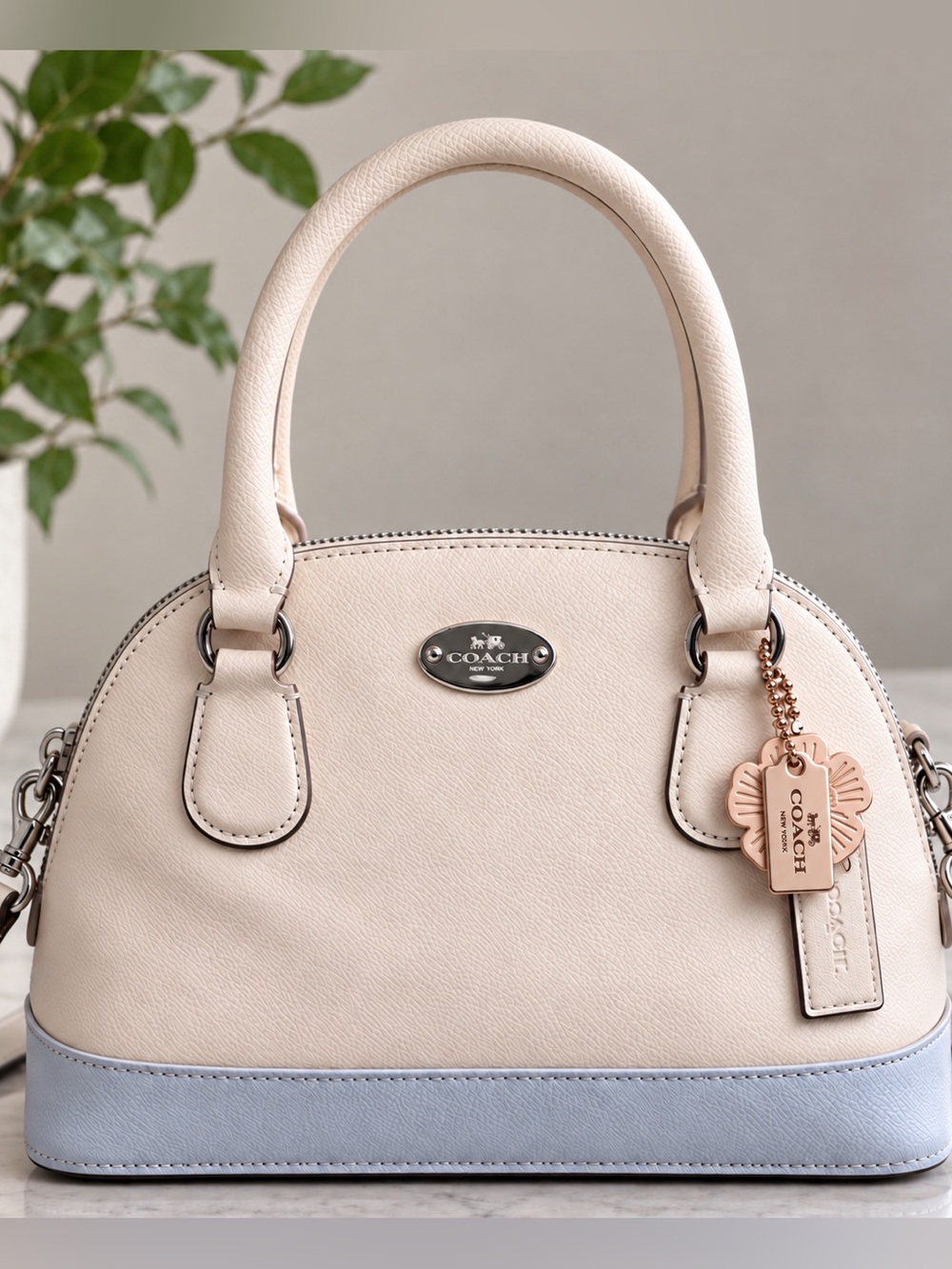 COACH Cora Mini Dome Satchel Peach Gray Leather Crossbody + Tea Rose Charm